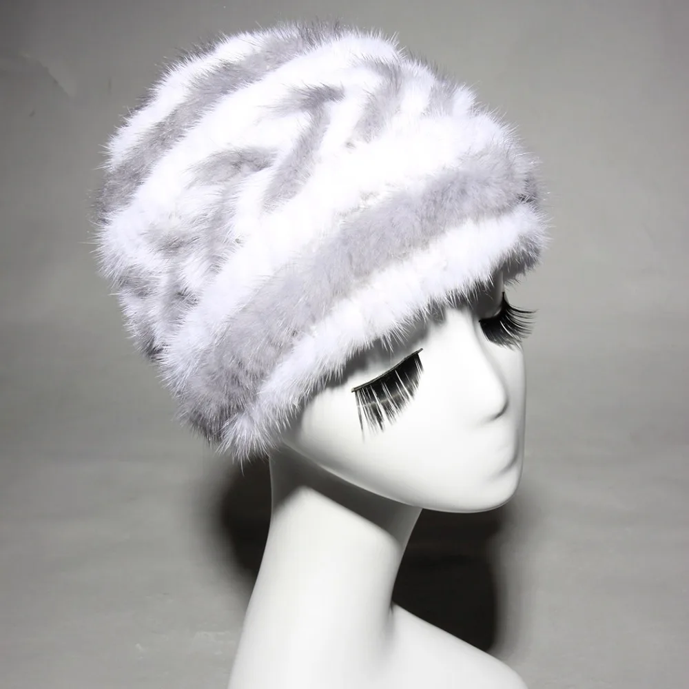 Вязаная шапка из меха норки для женщин в полоску натурального модель 15676 года|knitted