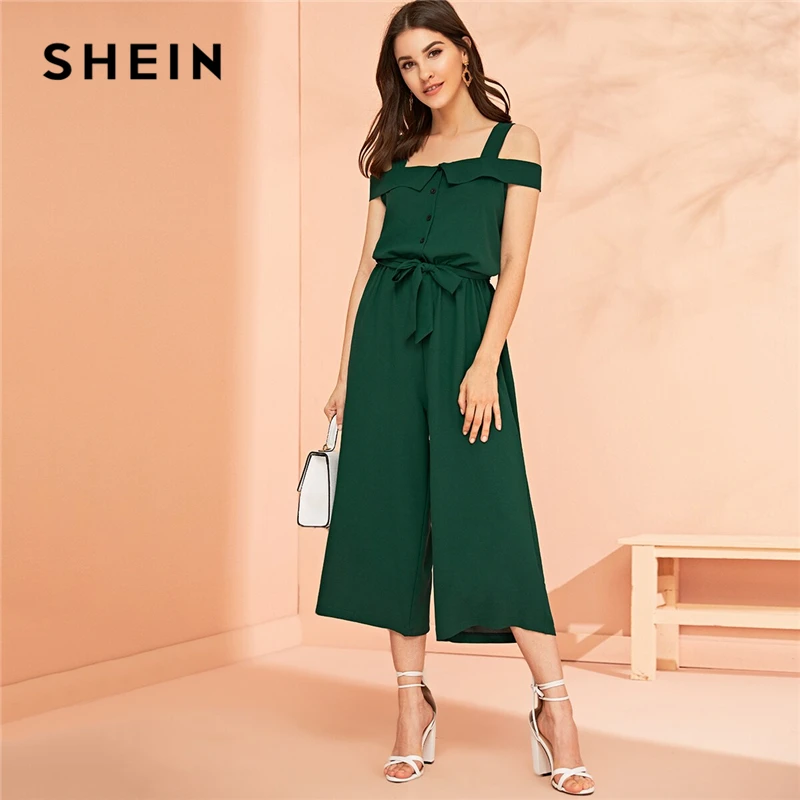 Женский укороченный комбинезон SHEIN зеленый на пуговицах с широкими штанинами и