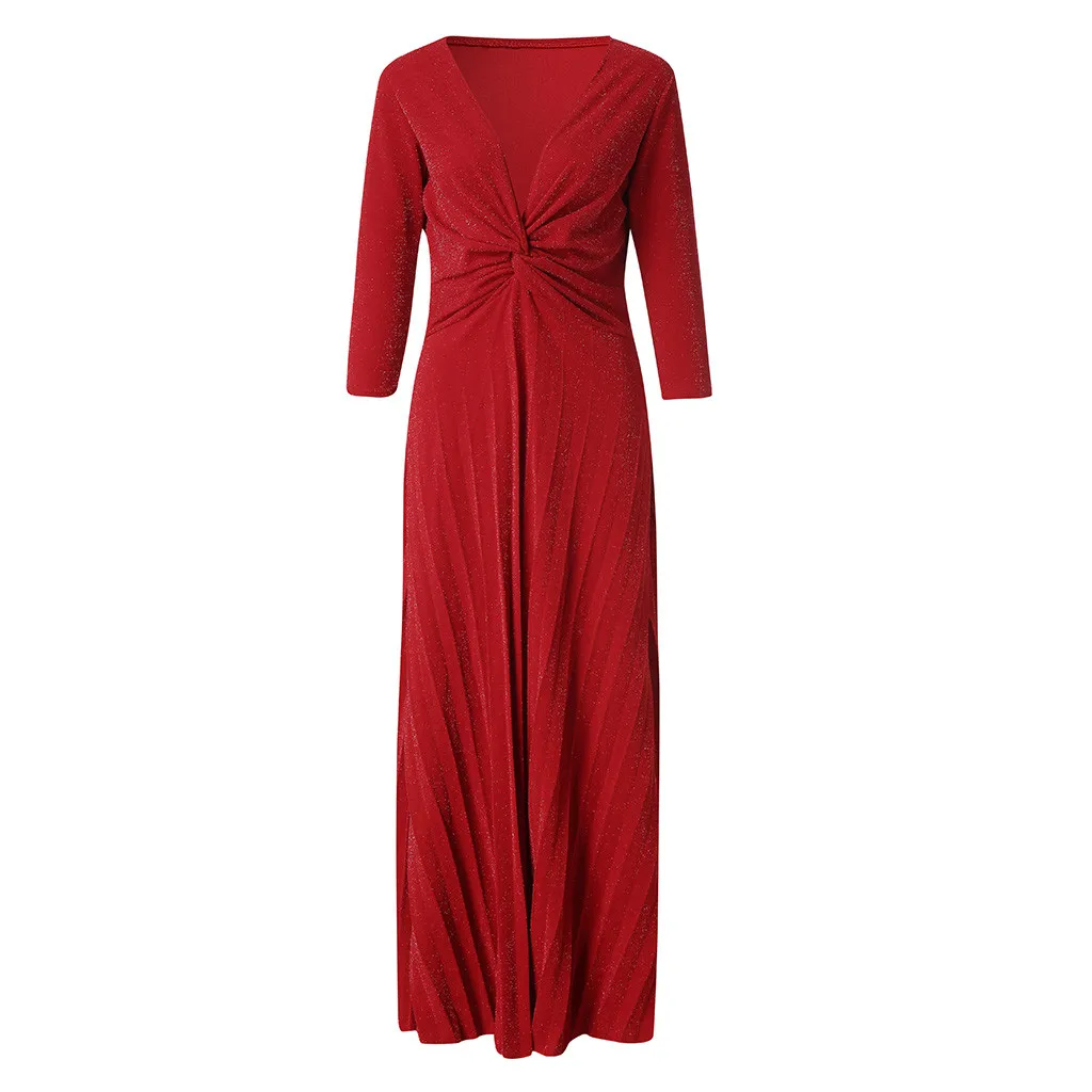 Модные женские платья с длинным рукавом Красный V образным вырезом Свадебная