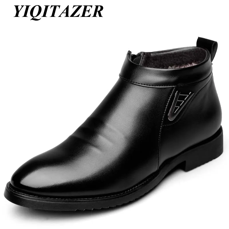 

2017 YIQITAZER Warm Snow Waterproof Ankle Man boots Men Shoes,Rubber Soles Slipon PU Leather Shoes Man Short Fur Boots
