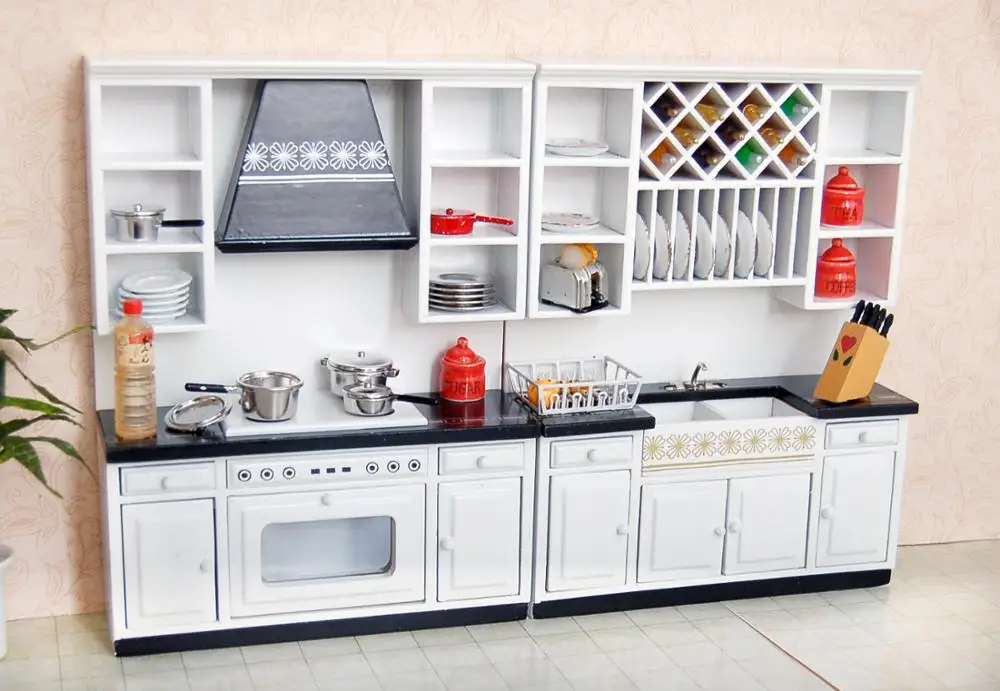 1:12 Dollhouse Miniature Kitchen Cabinets Set Wood Furniture Basin Stove Counter#WD025