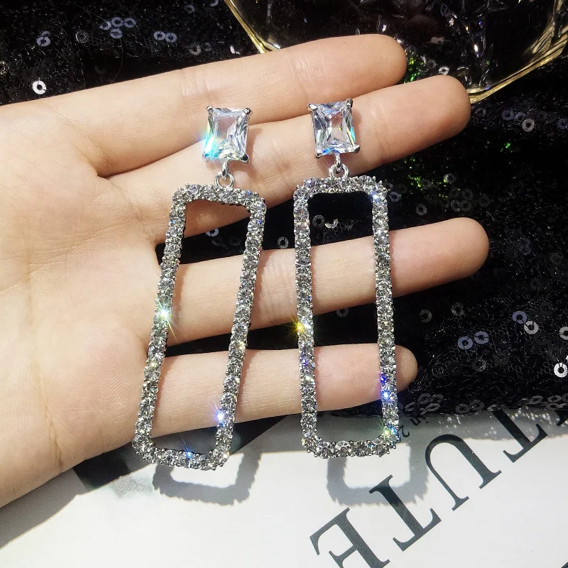 Женские прямоугольные серьги со стразами корейские длинные массивное Ювелирное