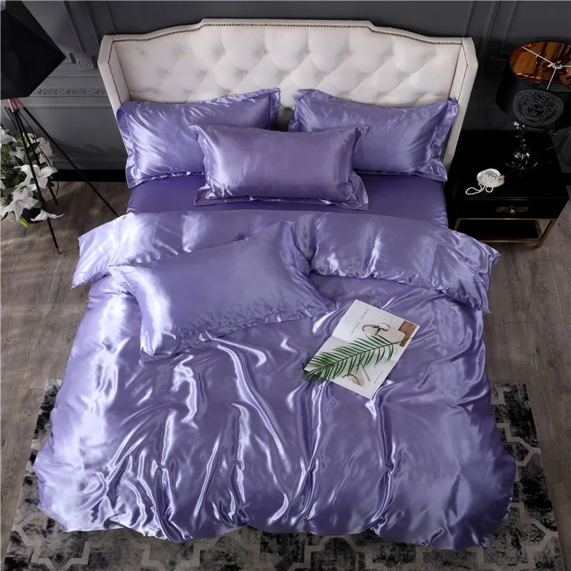 light purple 3/4 шт. Роскошные атласные шелковые Постельное белье queen King Размеры, темно-синий, серый, зеленый, пододеяльник наволочка сплошной Цвет комплекты Plat простыни постельное белье - Цвет: light purple
