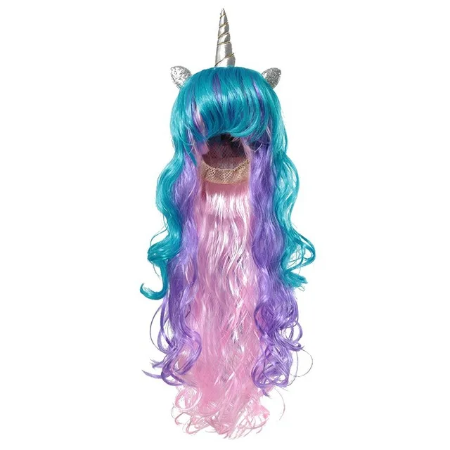 Unicorn Wig 02 Красный парик Русалочки для девочек; Детские вечерние волосы принцессы Эльзы, Анны, Авроры, Рапунцель, косы, жасмин, Моана, божья коровка, единорог - Цвет: Unicorn Wig 02