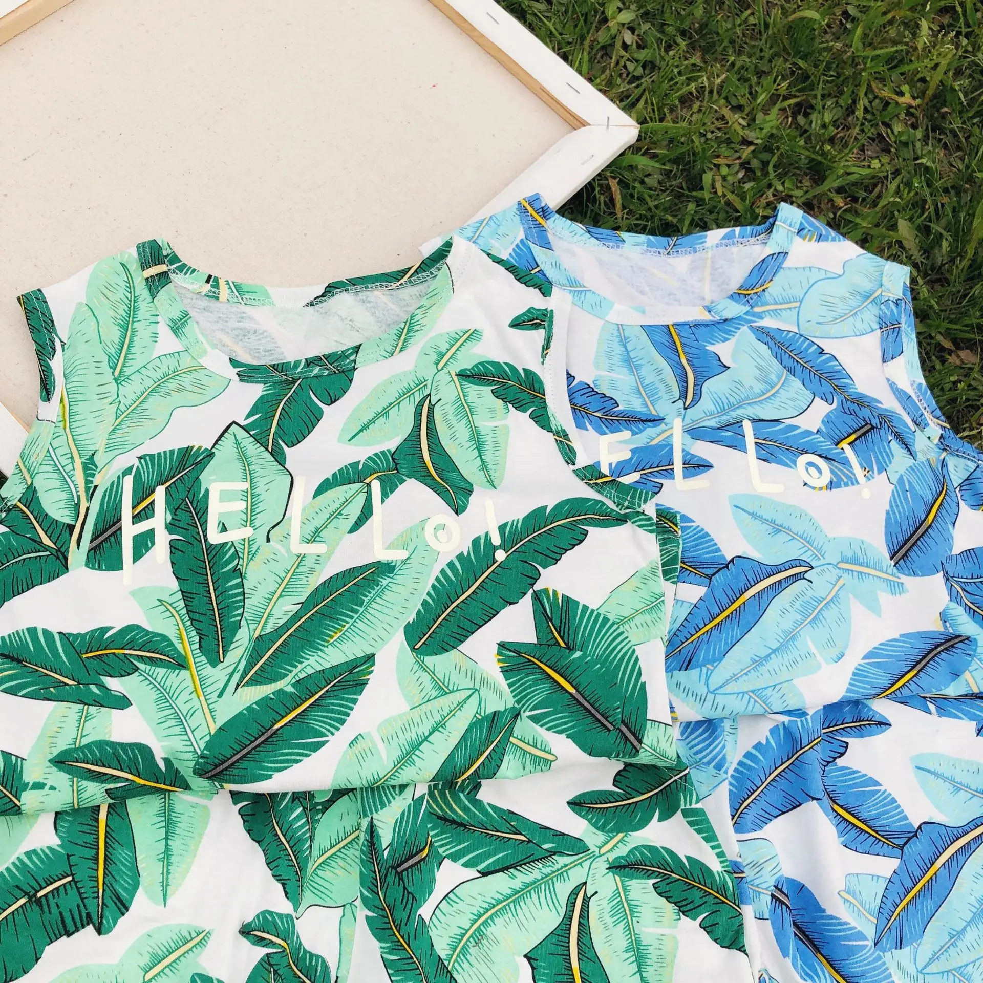 Summer 2019 fashion boys girls leaf printed sleeveless clothes sets kids cotton beach holiday vest and shorts 2pcs suits | Детская