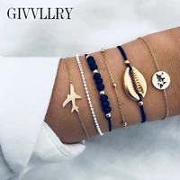free shipping punk black crystal beads bracelets for women creative airplane shell world map charm bracelets 6 pcsset