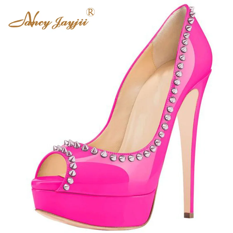 

Rivets Pink Stilettos Platform Pumps Woman High Thin Heels Peep Toe Large Size 33 35 39 Ladies Dance Party Shoes Mature Fashion