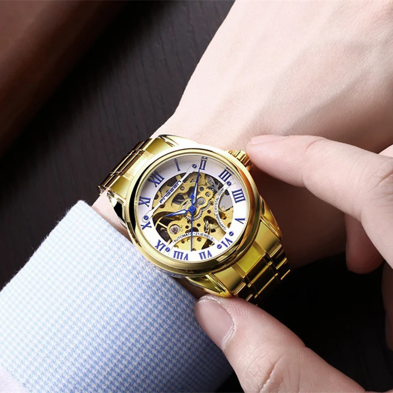 Топ Tourbillon автоматические часы мужские лучший бренд Роскошные мужские наручные часы Скелет Стальные наручные часы синий указатель механические часы