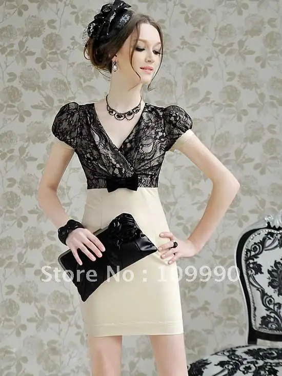 Black lace stitching tight elegant dignified OL Office lady women new fashion free shipping wholesale short-sleeve Empire S/M/L | Женская
