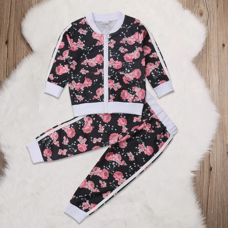 Fashion Kids Toddler Girls Tracksuit Sets Floral Long Sleeve Bomber Jacket Sweatshirt Tops+ Long Jogger Pants 2PCS Outfits 2-7Y