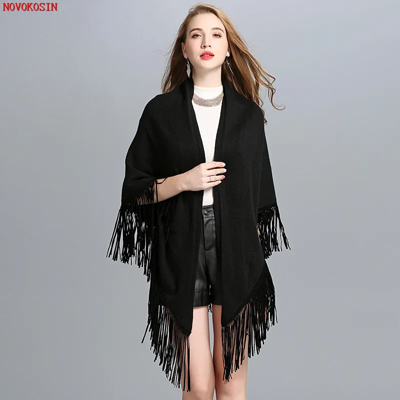 

2018 Fashion Tassel Triangle Wrap Double-Used Big Black Grey Solid Scarf Autumn Winter New Style Knitted Shawl