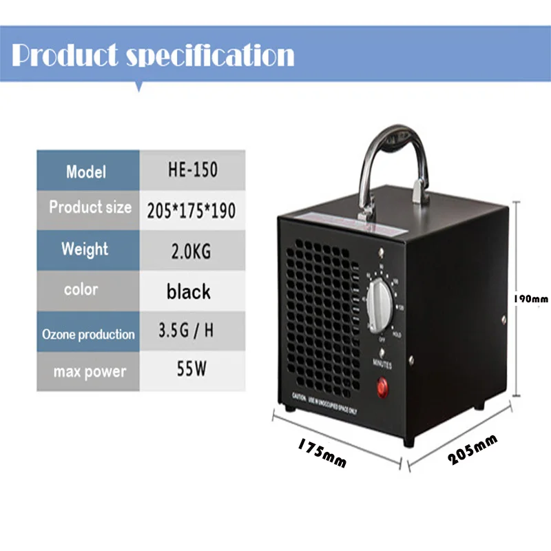 

HE-150 Portable Ozone Generator Air Purifier Air Cleaner Oxygen Portable Ionizer 3.5 g/h Ozone production 220v 1pc