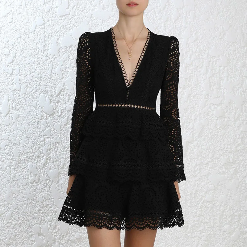 Embroidery Women's Dress Female Series V Neck Long Sleeve High Waist Hollow Out Patchwork Dresses New Clothing Vestido Elegant | Женская