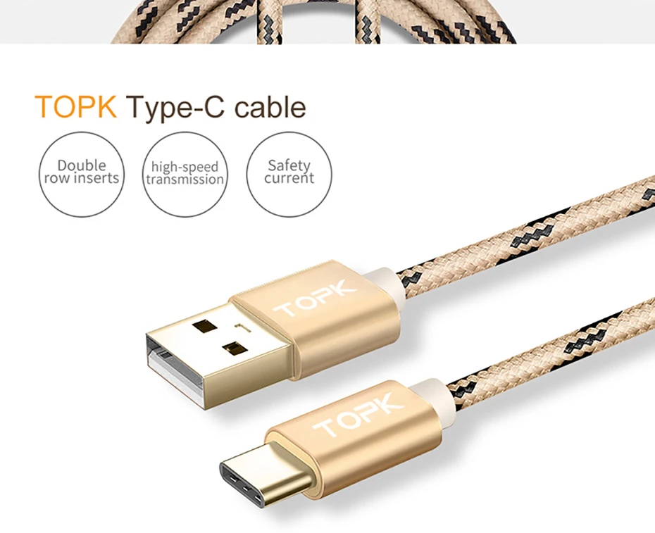 TOPK usb type-C кабель нейлоновая линия и металлический штекер type-C кабель синхронизации данных для samsung Galaxy S9 S8 Plus USB-C кабели
