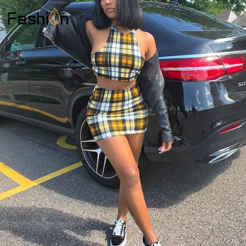 Лето 2019 г. женский костюм из двух предметов наряды пикантные желтые клетчатые
