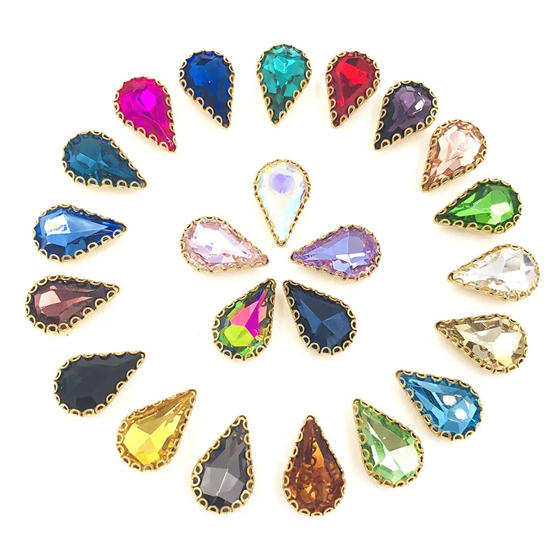 Лидер продаж светло-синие каплевидные Стразы 8x13 мм Золотое основание с