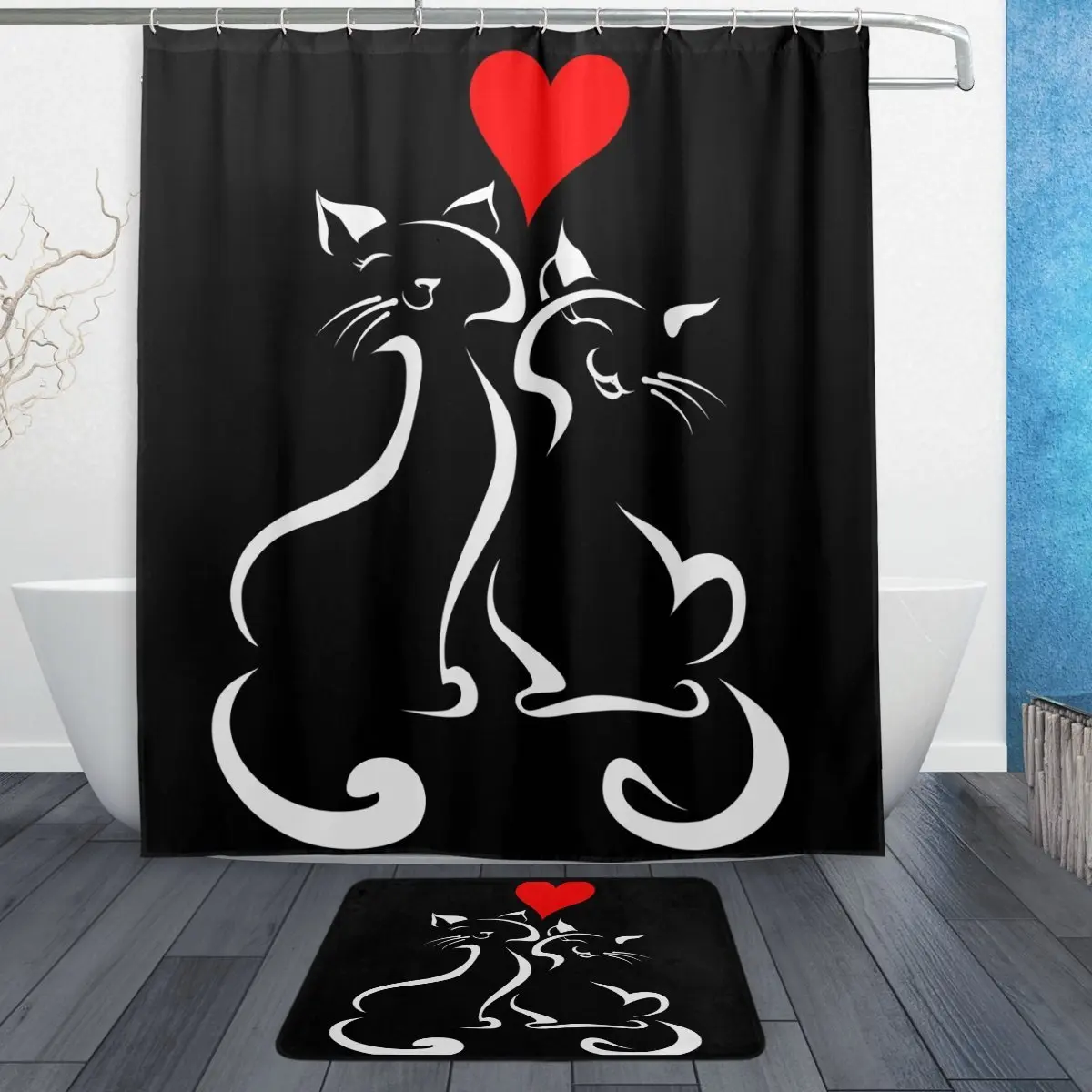 Happy Cat in Love черный Водонепроницаемый полиэстер ткань занавеска для душа с