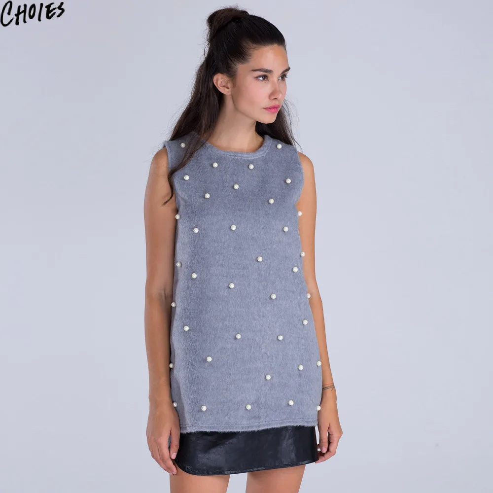 Для женщин серый шерстяной бисером без рукавов жилет Молния сзади пуловер