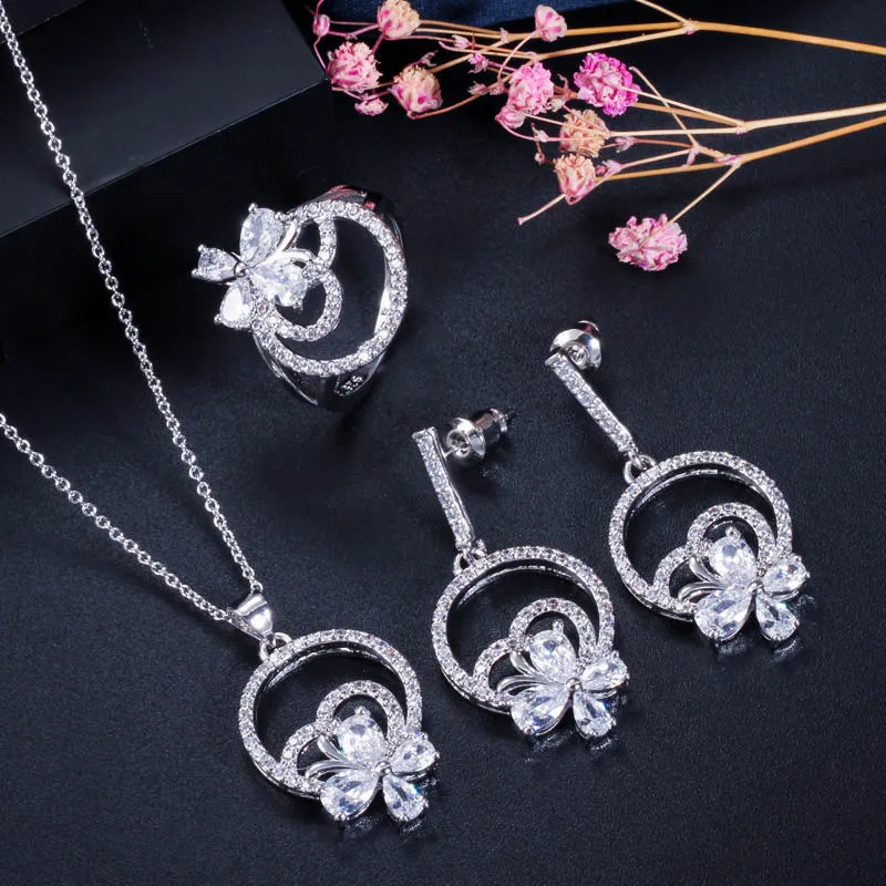 white CWWZircons, 3 шт., модные женские серьги в виде цветка, ожерелье и кольцо, наборы, элегантный кубический цирконий, Женские Ювелирные аксессуары, T337 - Окраска металла: white
