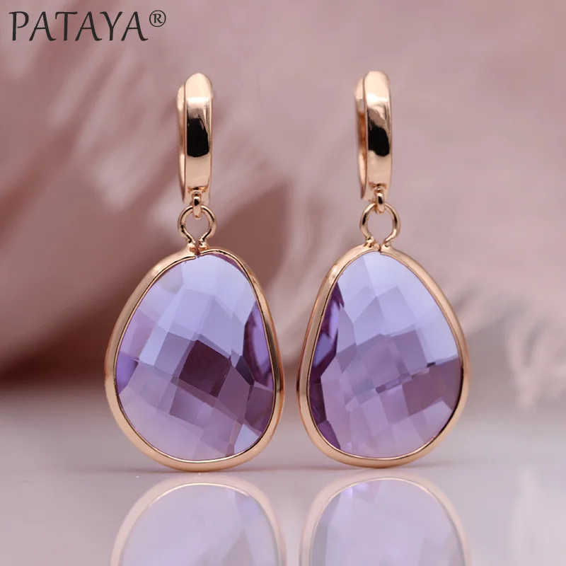 Light Purple PATAYA новые необычные длинные висячие серьги с зеленым Искусственным цирконием, 585 розовое золото, женские изящные свадебные вечерние Простые Модные ювелирные изделия - Окраска металла: Light Purple