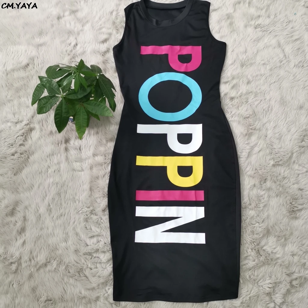 2019 summer new women letter print sleeveless o-neck knee length midi tank dress classic fashion female dresses vestidos J1721 | Женская