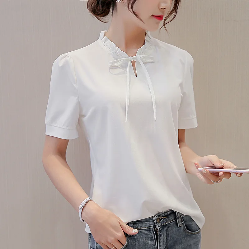 

women chiffon blouse shirt white pink blue summer autumn short sleeve casual female tops