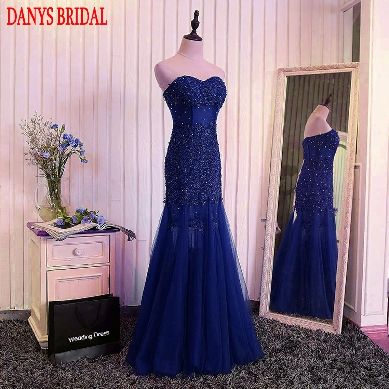 Темно синие длинные кружевные вечерние платья русалки красивые женские из тюля с