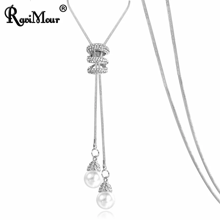 RAVIMOUR колье из искусственного жемчуга, ожерелье s для женщин, серебряная цепочка, длинное ожерелье, подвеска, ювелирные изделия, аксессуары, Трендовое колье