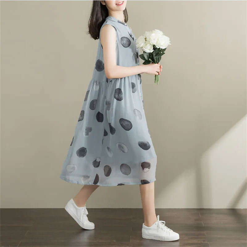 

Summer women dresses 2018 new sleeveless stand collar female dresses printed single breasted loose mid-long ladies dresses cw227