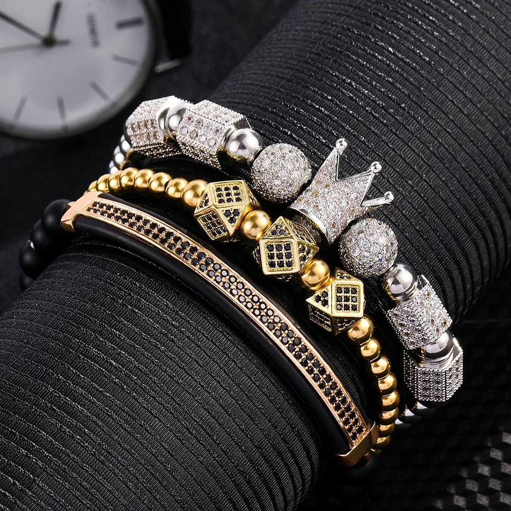 Мужской браслет с короной роскошные золотые бусины Макраме Браслеты для женщин и