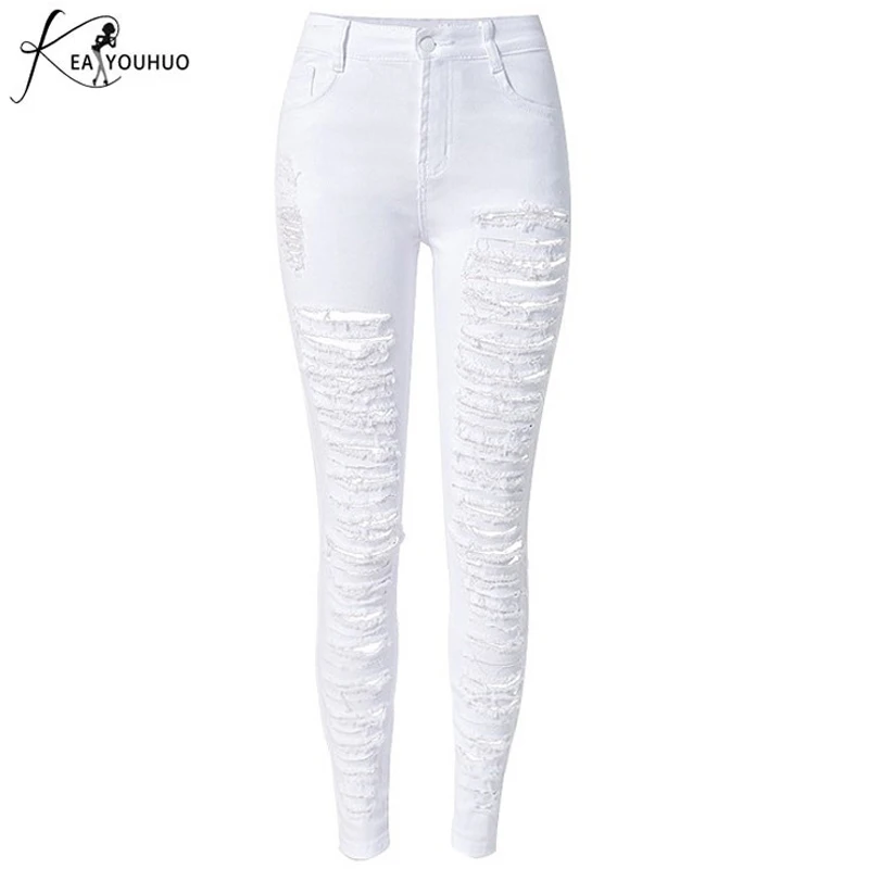 Лето 2018 Модные женские леггинсы джинсы с высокой талией рваные обтягивающие