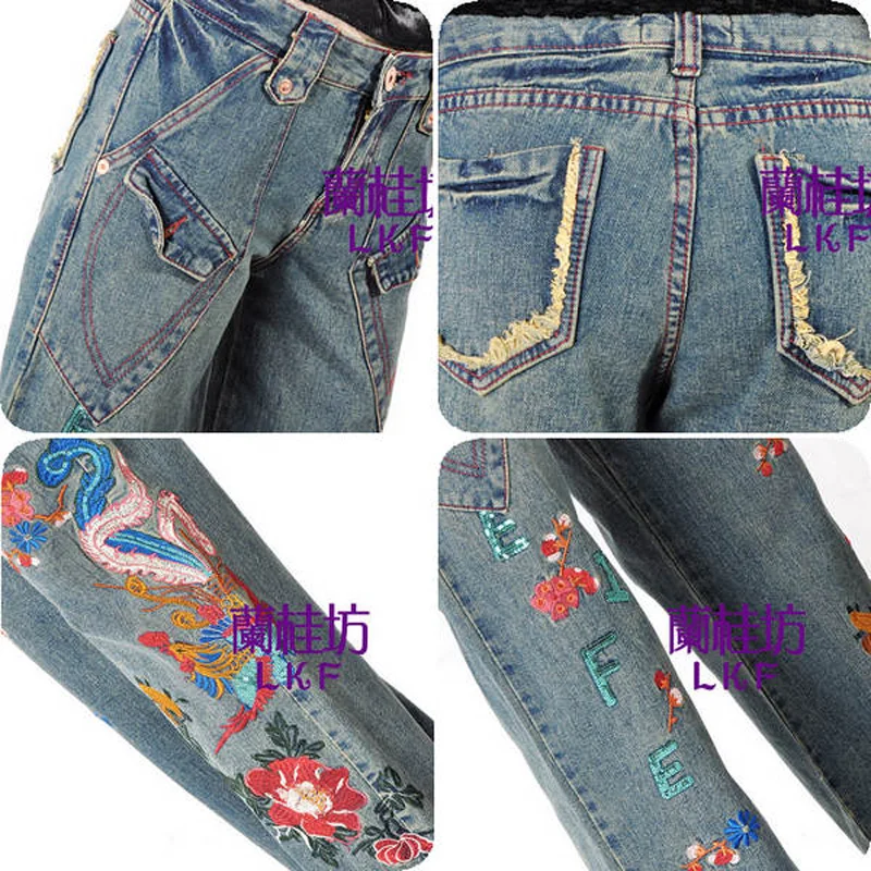 2018 осенние модные винтажные джинсы с вышивкой в стиле ретро джинсовые ковбойские
