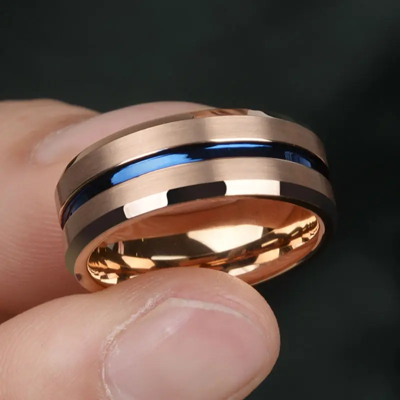 New Arrival 8MM Width Rose Gold Man Jewelry Rings Tungsten Carbide Band with Thin Blue Groove and Brushed Finishing CJZBLXLX0112