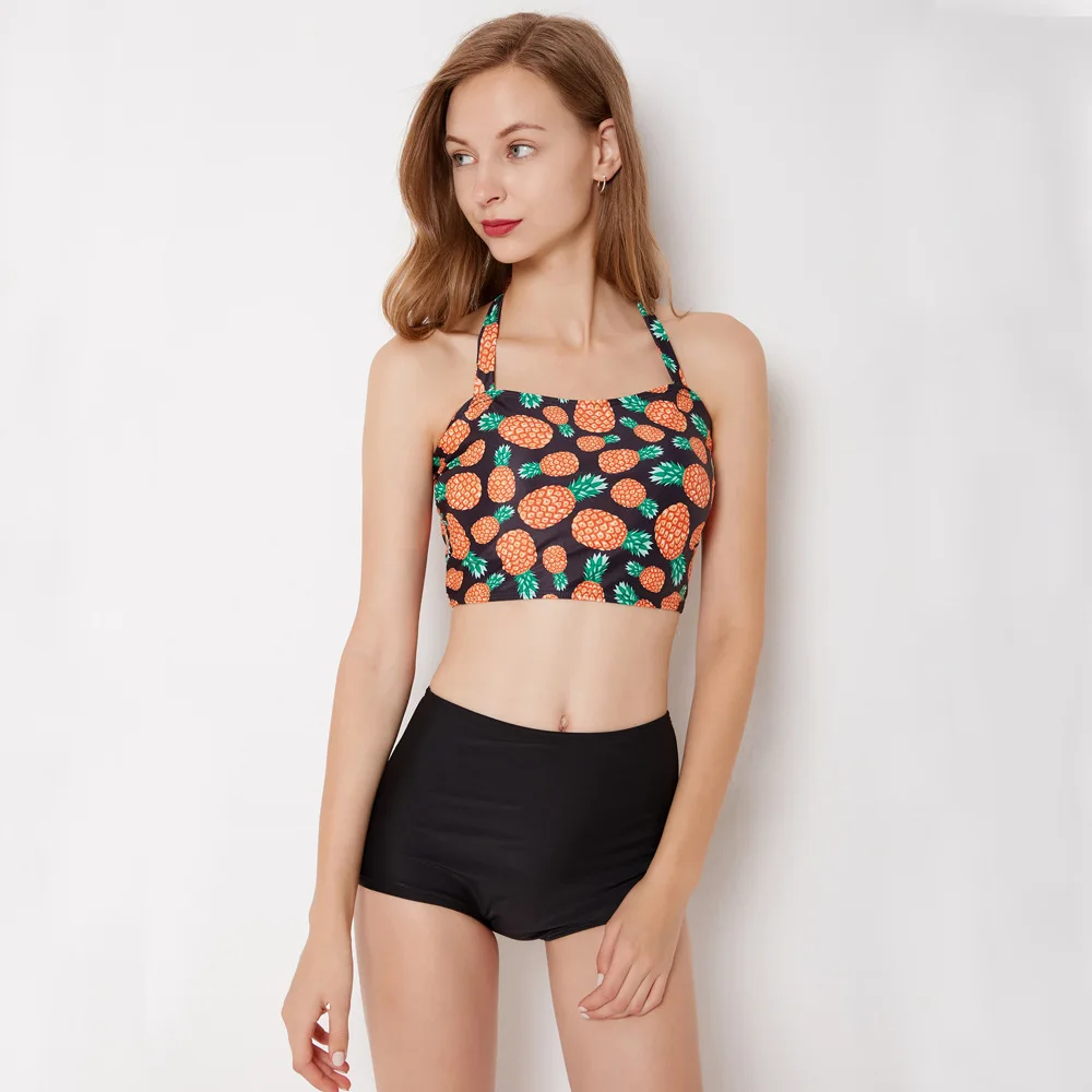 Женский спортивный раздельный купальник-бикини с принтом ананаса шорты высокой