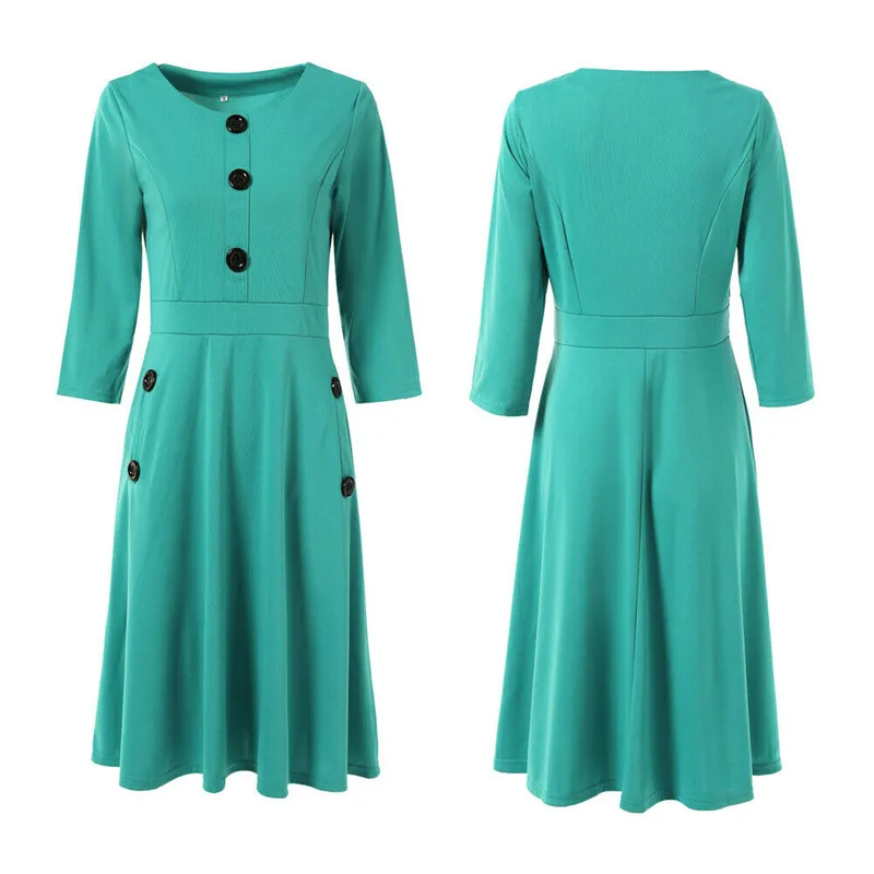 As photo shows Plus Size Womens Summer Long Sleeve Casual and Loose Solid O-Neck Vintage Prom Evening Party Swing Long Dresses Ball Gown - Цвет: As photo shows