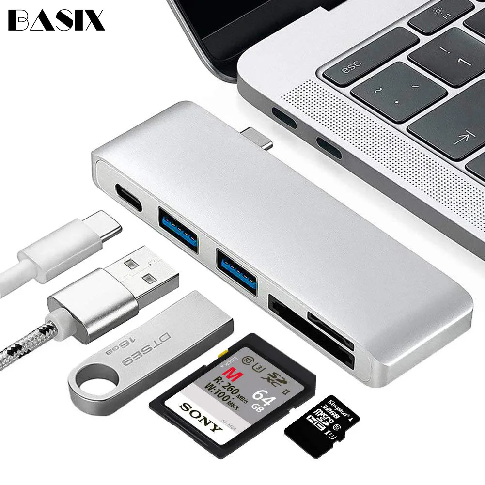 Basix USB C концентратор с адаптером питания 2 порта 3 0 и SD/Micro SD TF кардридер для MacBook Pro