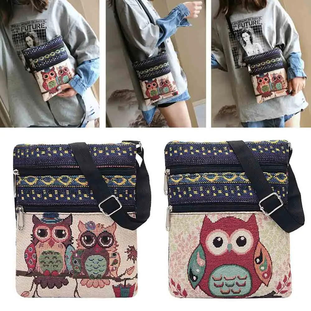 Summer Women Messenger Bags Zips Bag Lady Canvas Cartoon Owl Printed Crossbody Shoulder Bags Small Female Wallet Bag 19*25cm