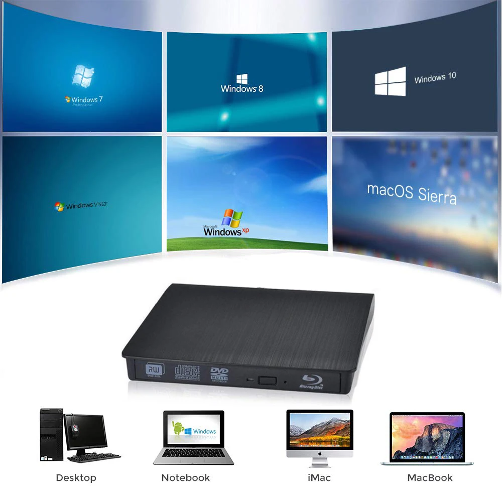 Bluray USB 3.0 External DVD Drive Blu-ray Combo BD-ROM 3D Player RW Burner Writer for Laptop Computer Mac PC HP ACER DELL |