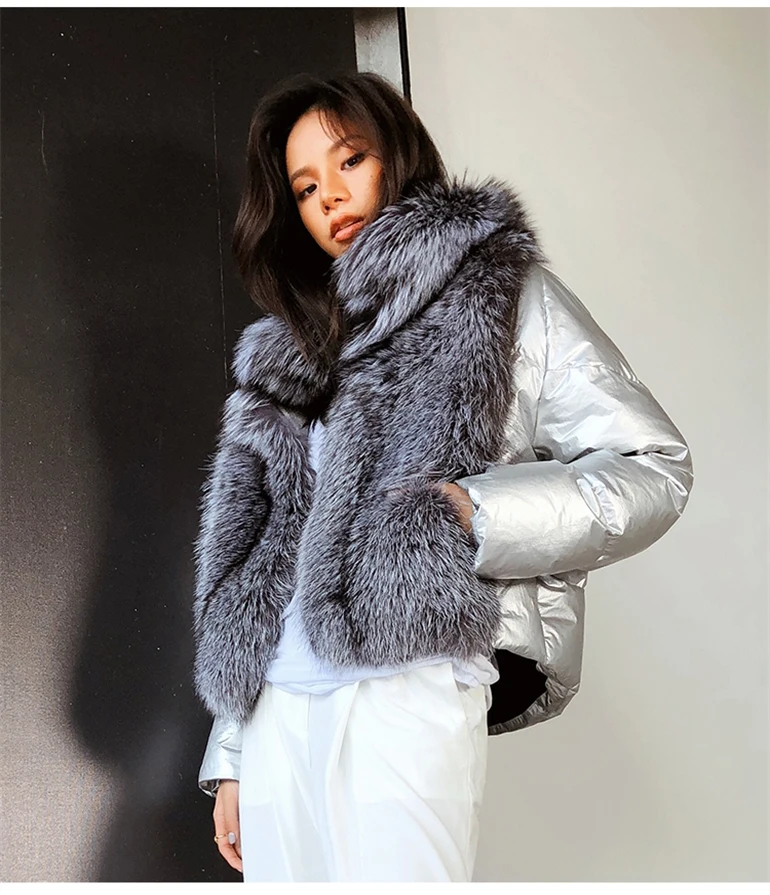 2019 натуральный Лисий мех воротник зимняя куртка для женщин пальто Свободное