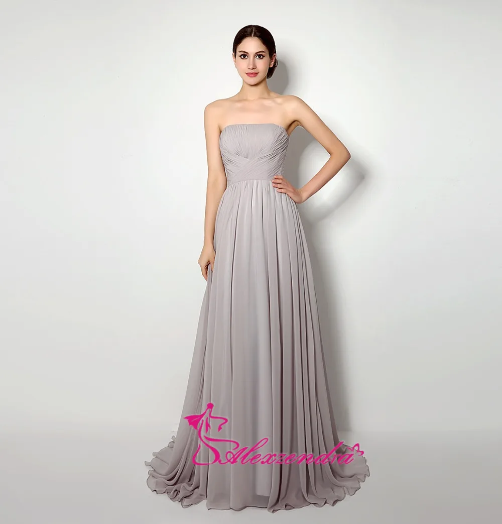 Alexzendra без бретелек ТРАПЕЦИЕВИДНОЕ шифоновое длинное серебряное платье подружки