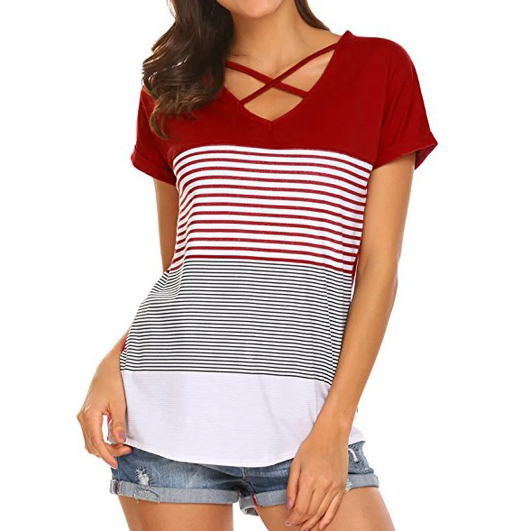 2018 женские Для женщин короткий рукав с v образным вырезом в полоску технике