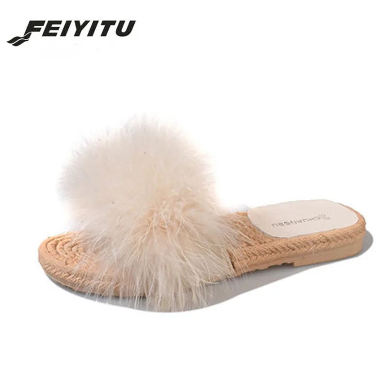 Женские меховые тапочки FeiYiTu домашние пушистые Плюшевые Пушистые летние туфли на