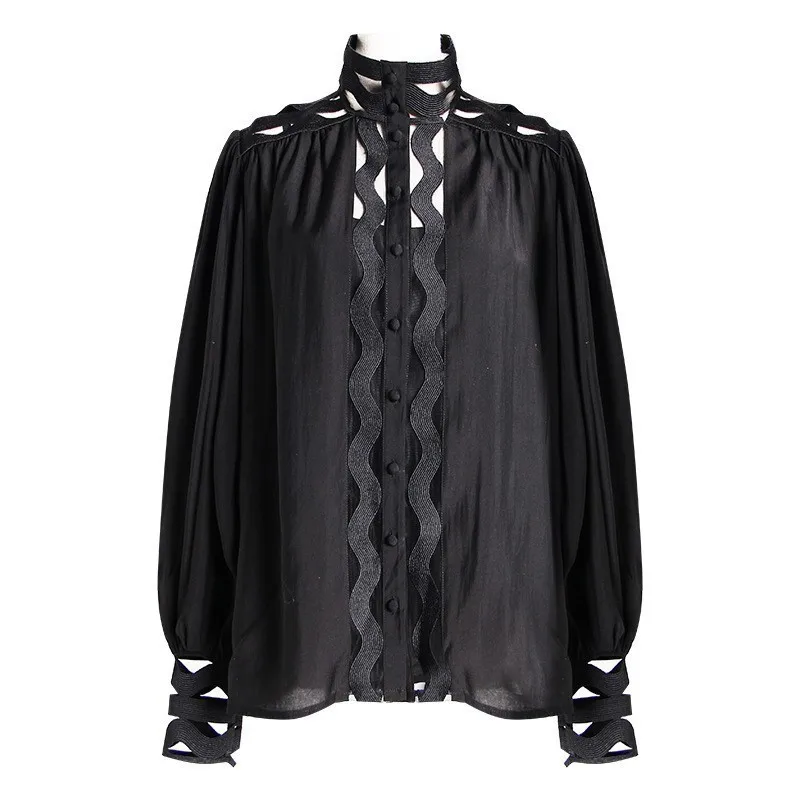 black TWOTWINSTYLE уличная открытая рубашка для женщин со стоячим воротником и рукавами-фонариками однотонная блузка женская мода лето Новинка - Цвет: black