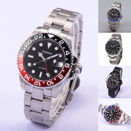 40 мм Parnis механические часы черный красный керамический ободок циферблат GMT
