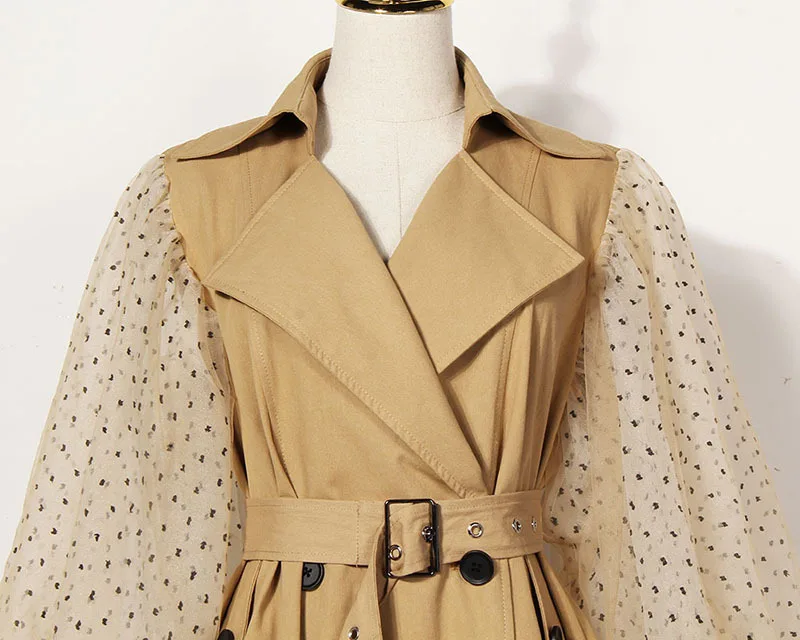 2019 Autumn Winter High Quality Polka Dot Mesh Lantern Sleeves Double breasted Khaki Fashion Long Trench Coat for Women Belted | Женская