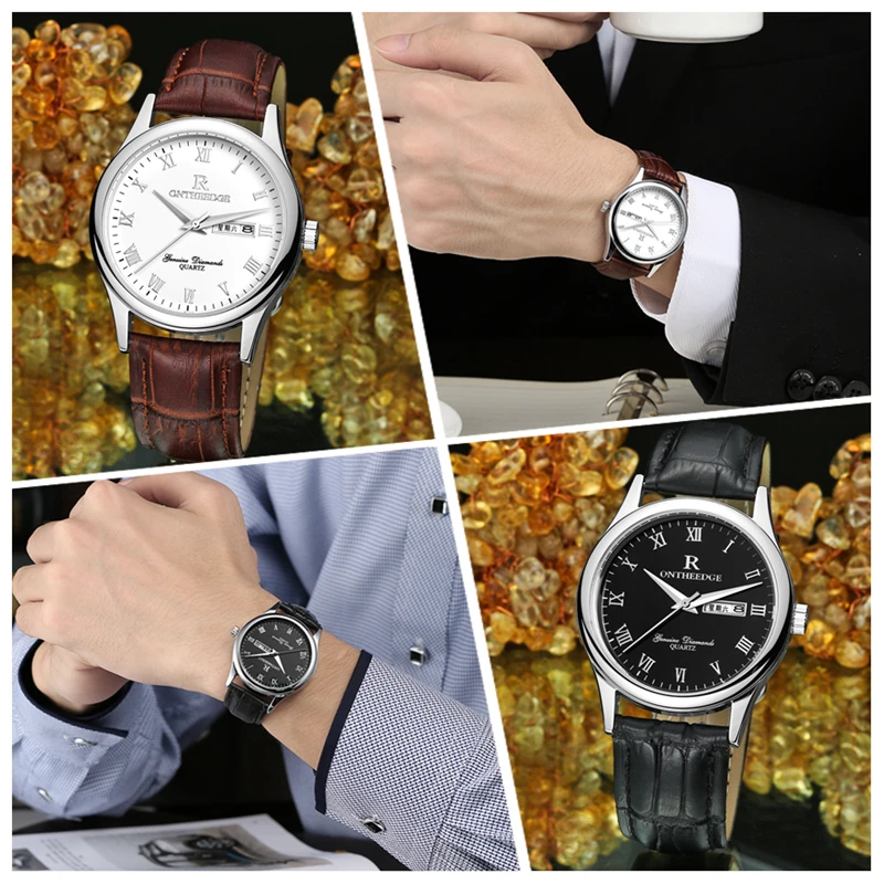 Мужские кварцевые часы RONTHEEDGE модные деловые с кожаным ремешком подарочной