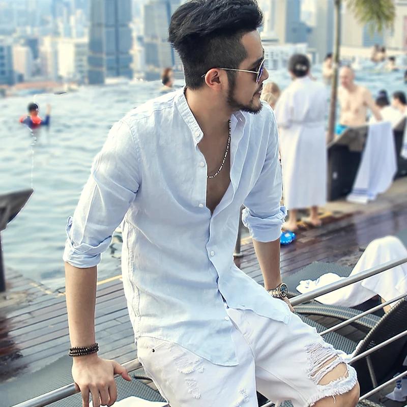 Рубашка мужская с длинным рукавом однотонная льняная блузка Slim Fit в повседневном