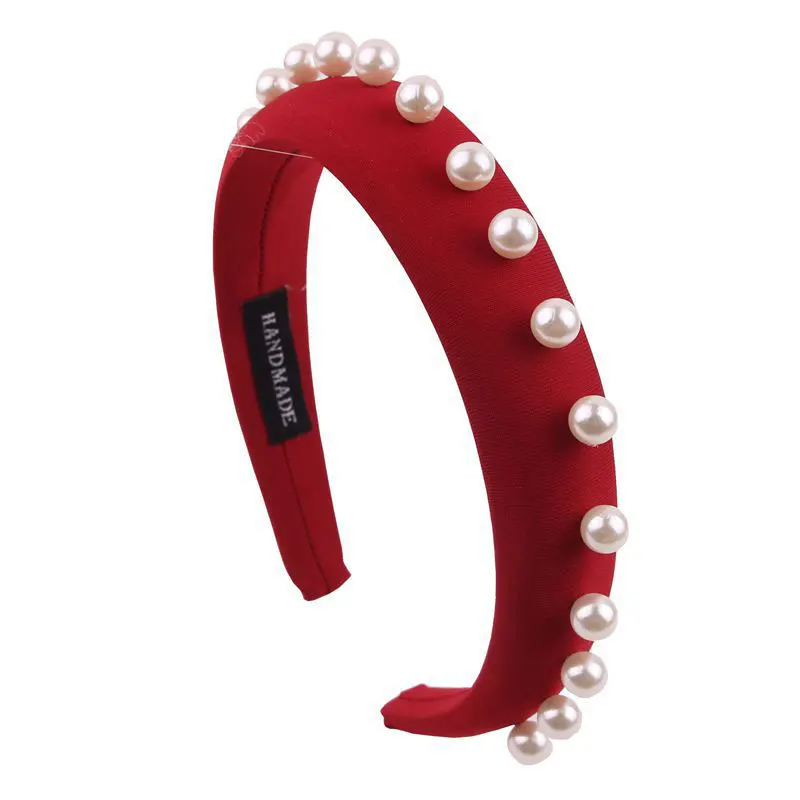 01 pearl red Fioday, украшенные кристаллами, 3 см, ширина 1,5 см, толстые повязки на голову, черные, с заклепками, молочный шелк, повязки на голову для женщин, искусственные жемчужные обручи для волос, женские - Цвет: 01 pearl red