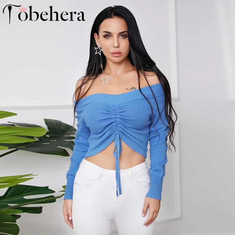 Glamaker Off shoulder blue long sleeve sweater Women drawstring sexy thin crop Knitted high fashion 2019 autumn jumper |