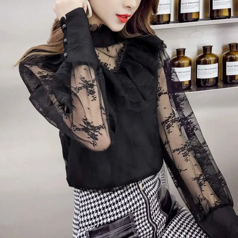 2020 Spring New Arrival Lace Top Fashion Ruffles Design Women Long Sleeve Shirt Floral Elegant Tunic Tops Mesh Blusas UX30 |